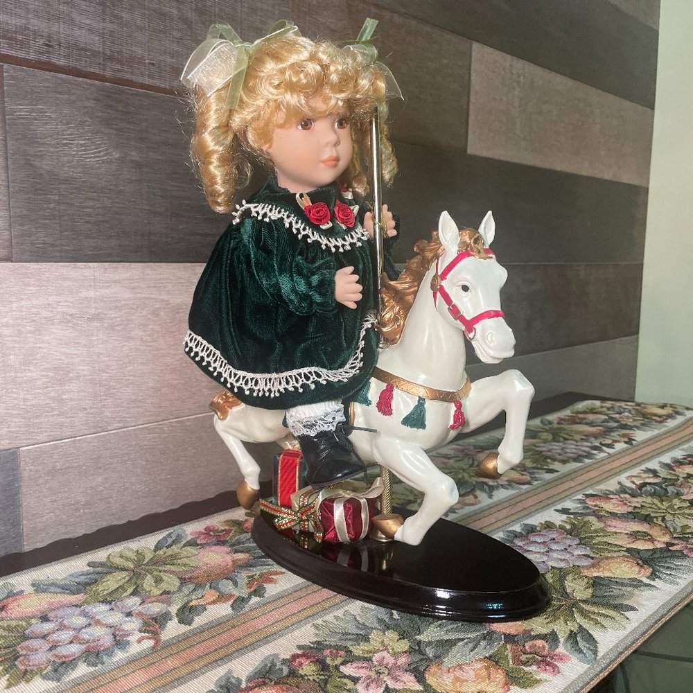 Collector's Choice Genuine Fine Bisque Porcelain Doll Girl on Carousel Horse New